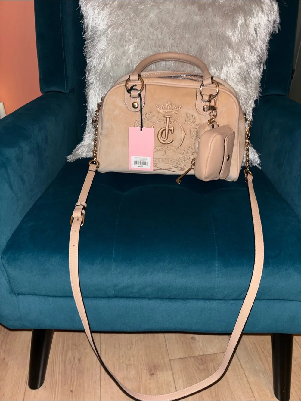 Juicy Couture Blush Beige Suede Satchel with Embossed Logo